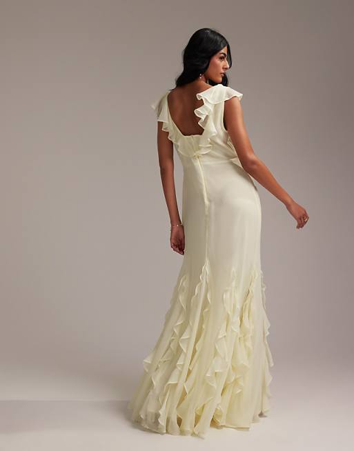 ASOS DESIGN Bridesmaids Flutter Sleeve Bias Maxi Dress With Godet Frill Hem In Soft Yellow