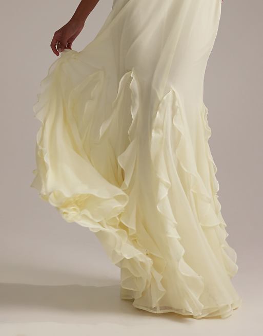 ASOS DESIGN Bridesmaids Flutter Sleeve Bias Maxi Dress With Godet Frill Hem In Soft Yellow
