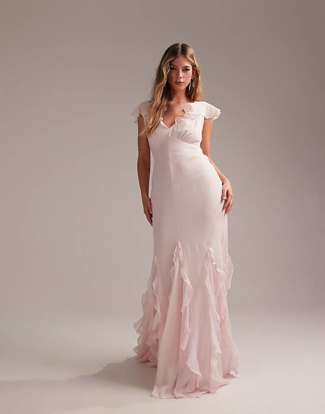 ASOS DESIGN Bridesmaids flutter sleeve bias maxi dress with godet frill hem in soft pink