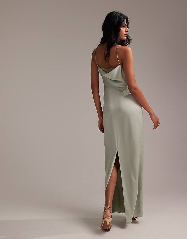 ASOS DESIGN Bridesmaids Lace Detail Column Satin Maxi Dress In Light Green