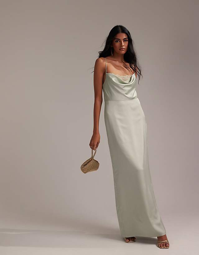 ASOS DESIGN Bridesmaids Lace Detail Column Satin Maxi Dress In Light Green