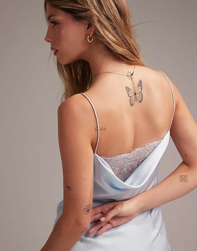 ASOS DESIGN Bridesmaids Lace Detail Column Satin Maxi Dress In Light Blue