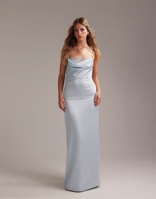 ASOS DESIGN Bridesmaids lace detail column satin maxi dress in light blue