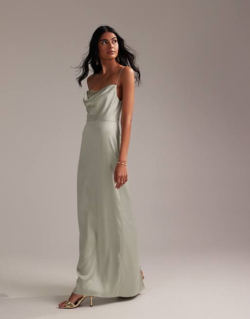 ASOS DESIGN Bridesmaids lace detail column satin maxi dress in light green