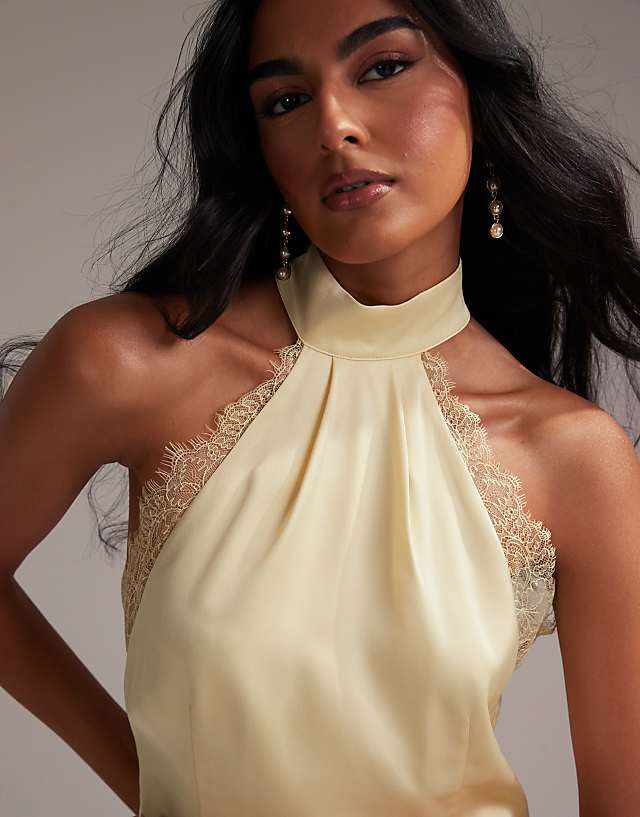 ASOS DESIGN Bridesmaids Lace Detail Halter Column Maxi Dress In Soft Yellow