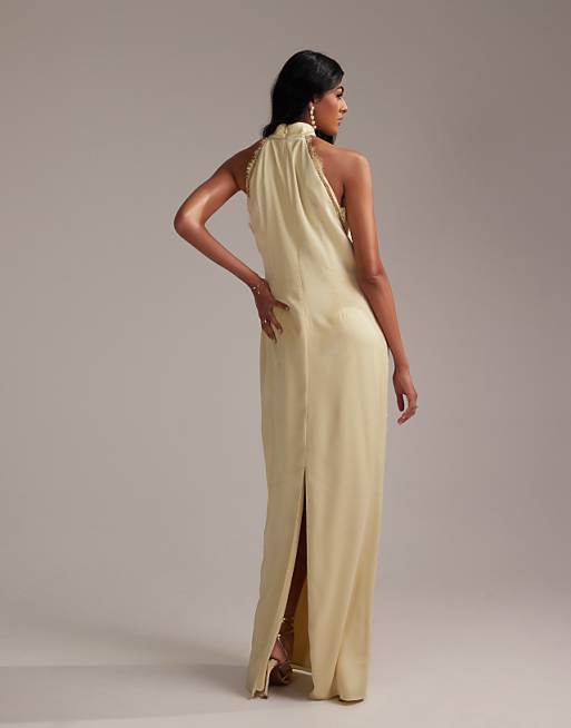 ASOS DESIGN Bridesmaids Lace Detail Halter Column Maxi Dress In Soft Yellow