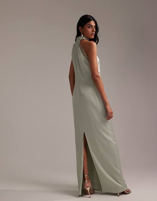 ASOS DESIGN Bridesmaids Lace Detail Halter Column Maxi Dress In Light Green
