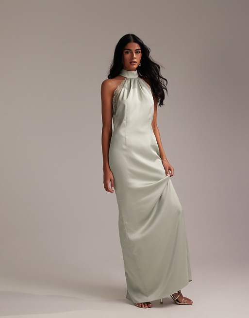 ASOS DESIGN Bridesmaids Lace Detail Halter Column Maxi Dress In Light Green