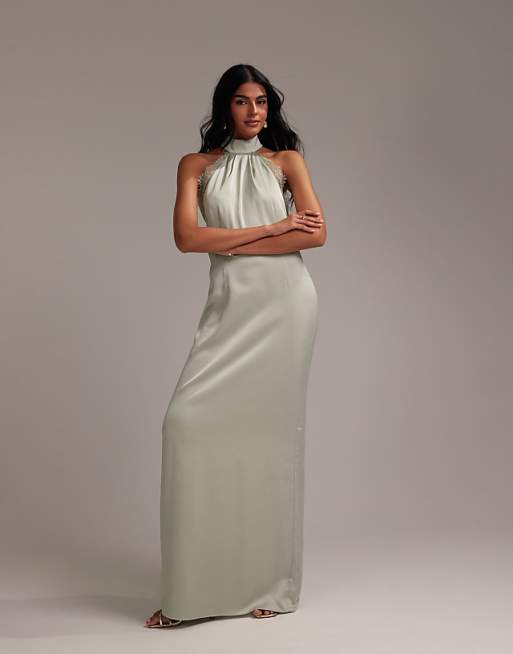 ASOS DESIGN Bridesmaids lace detail halter column maxi dress in light green