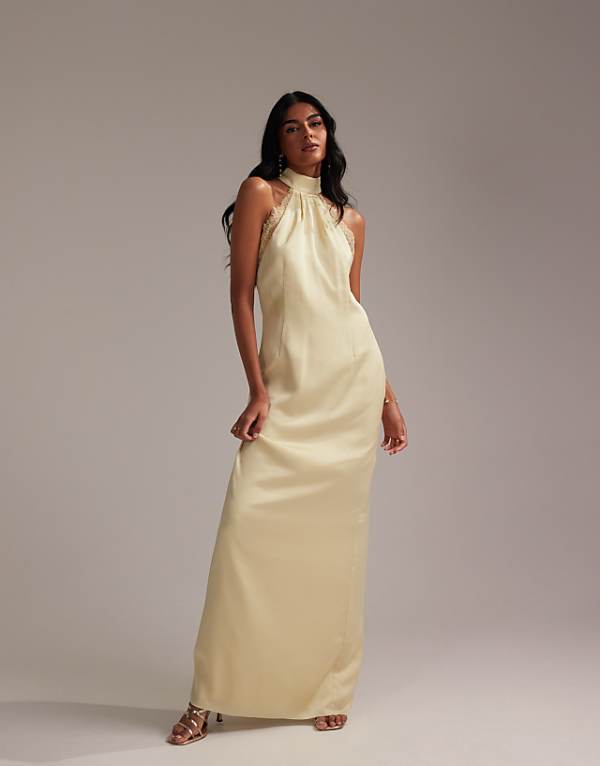 ASOS DESIGN Bridesmaids Lace Detail Halter Column Maxi Dress In Soft Yellow