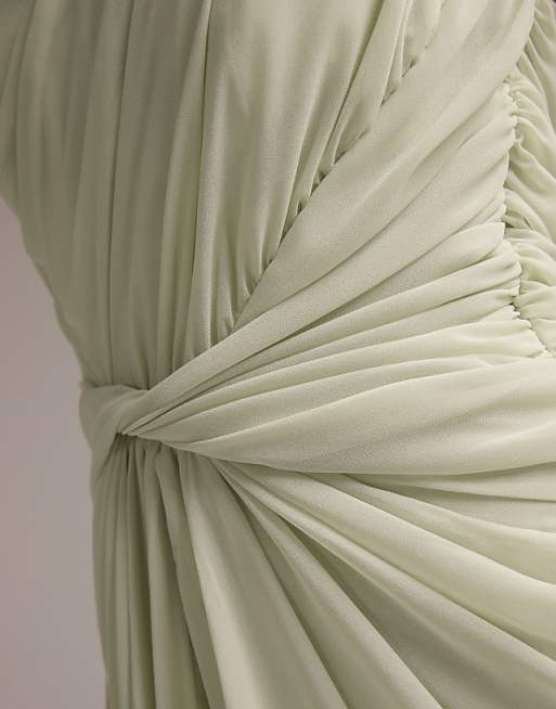ASOS DESIGN Bridesmaids One Shoulder Draped Twist Detail Midaxi Dress In Light Green