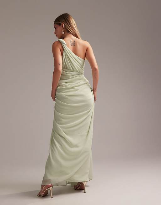ASOS DESIGN Bridesmaids One Shoulder Draped Twist Detail Midaxi Dress In Light Green