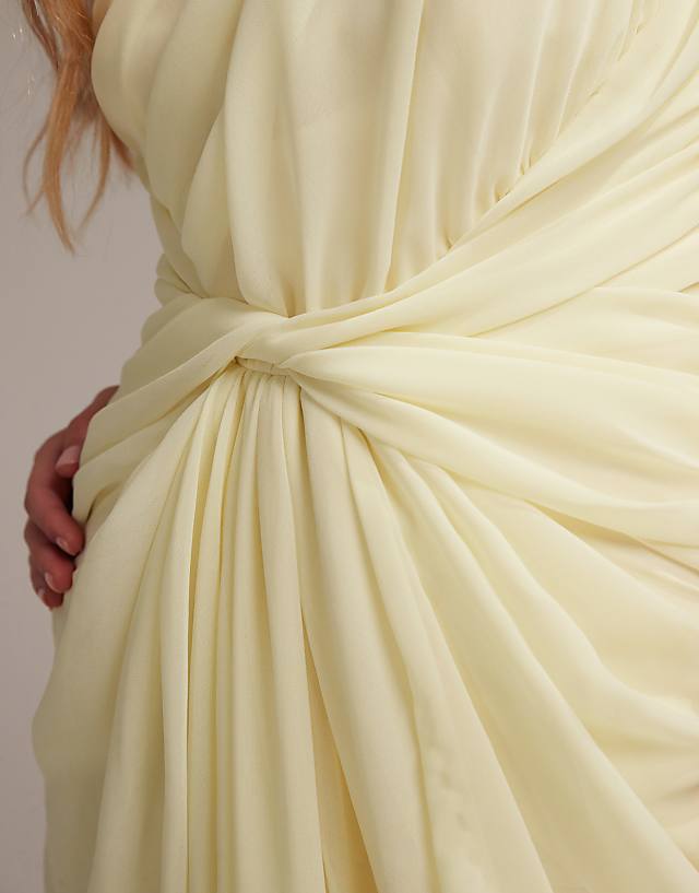ASOS DESIGN Bridesmaids One Shoulder Draped Twist Detail Midaxi Dress In Soft Yellow
