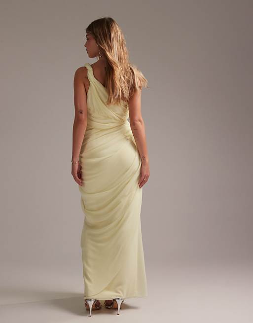 ASOS DESIGN Bridesmaids One Shoulder Draped Twist Detail Midaxi Dress In Soft Yellow