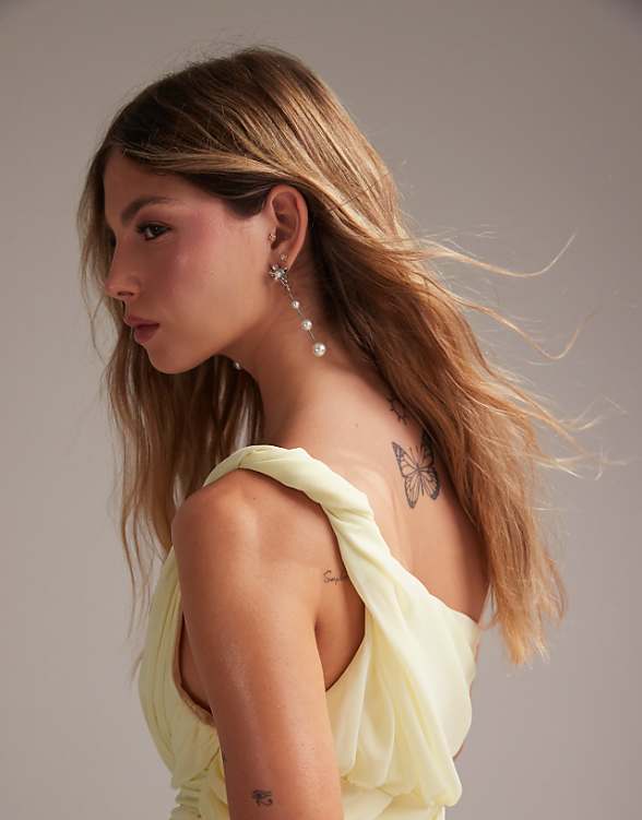 ASOS DESIGN Bridesmaids One Shoulder Draped Twist Detail Midaxi Dress In Soft Yellow