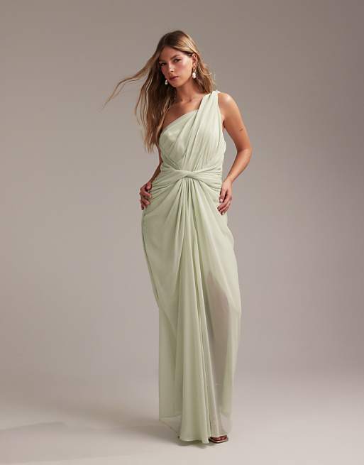 ASOS DESIGN Bridesmaids one shoulder draped twist detail midaxi dress in light green