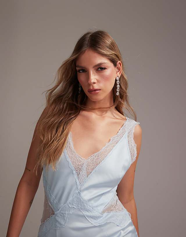 ASOS DESIGN Bridesmaids Plunge Neck Lace Detail Satin Column Maxi Dress In In Light Blue