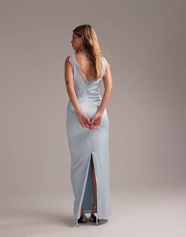 ASOS DESIGN Bridesmaids Plunge Neck Lace Detail Satin Column Maxi Dress In In Light Blue