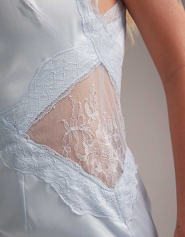 ASOS DESIGN Bridesmaids Plunge Neck Lace Detail Satin Column Maxi Dress In In Light Blue
