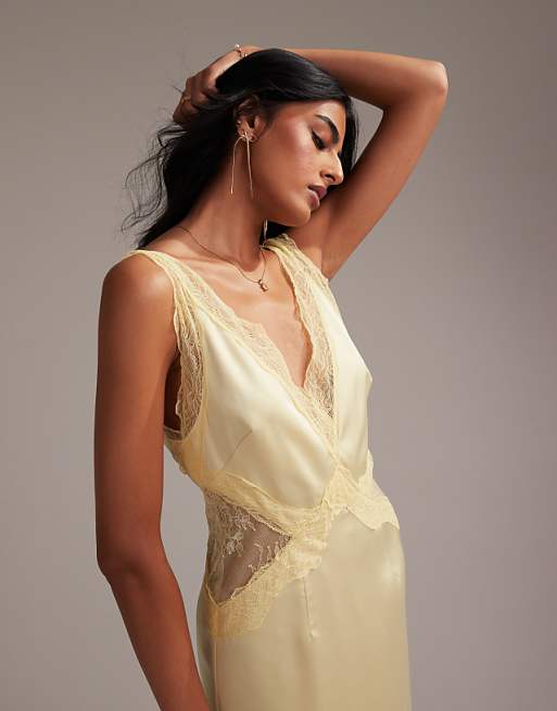 ASOS DESIGN Bridesmaids Plunge Neck Lace Detail Satin Column Maxi Dress In Soft Yellow