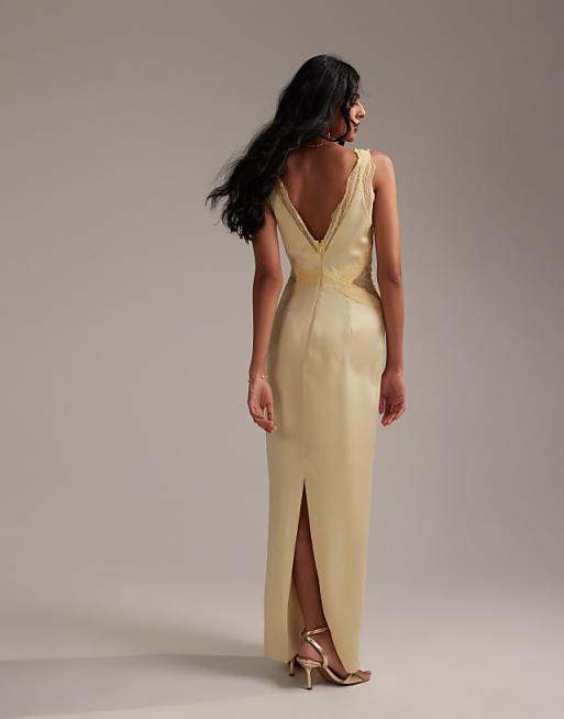 ASOS DESIGN Bridesmaids Plunge Neck Lace Detail Satin Column Maxi Dress In Soft Yellow