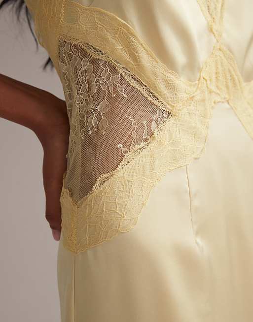ASOS DESIGN Bridesmaids Plunge Neck Lace Detail Satin Column Maxi Dress In Soft Yellow