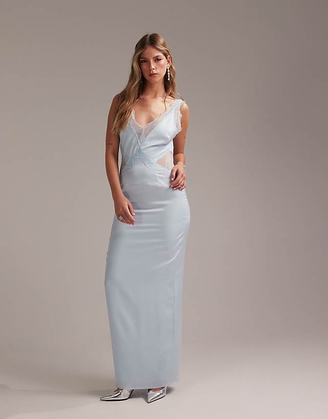 ASOS DESIGN Bridesmaids plunge neck lace detail satin column maxi dress in in light blue