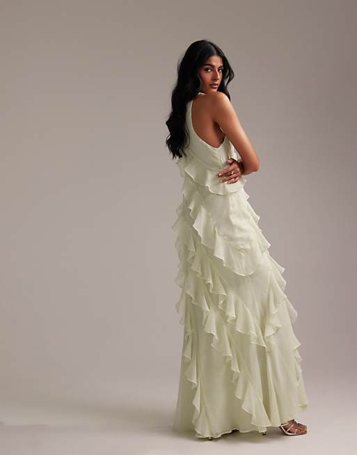 ASOS DESIGN Bridesmaids Racer Neck Bias Ruffle Maxi Dress In Light Green