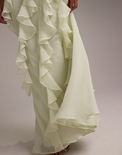 ASOS DESIGN Bridesmaids Racer Neck Bias Ruffle Maxi Dress In Light Green