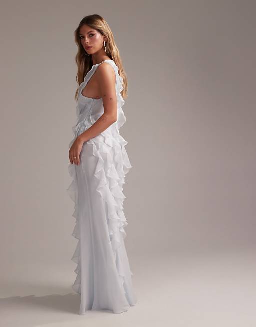 ASOS DESIGN Bridesmaids Racer Neck Bias Ruffle Maxi Dress In Light Blue