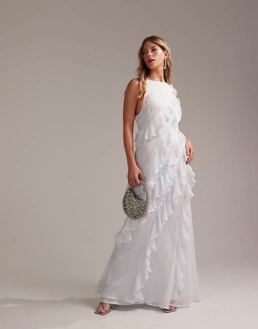 ASOS DESIGN Bridesmaids Racer Neck Bias Ruffle Maxi Dress In Light Blue