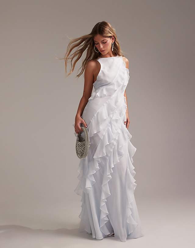ASOS DESIGN Bridesmaids racer neck bias ruffle maxi dress in light blue