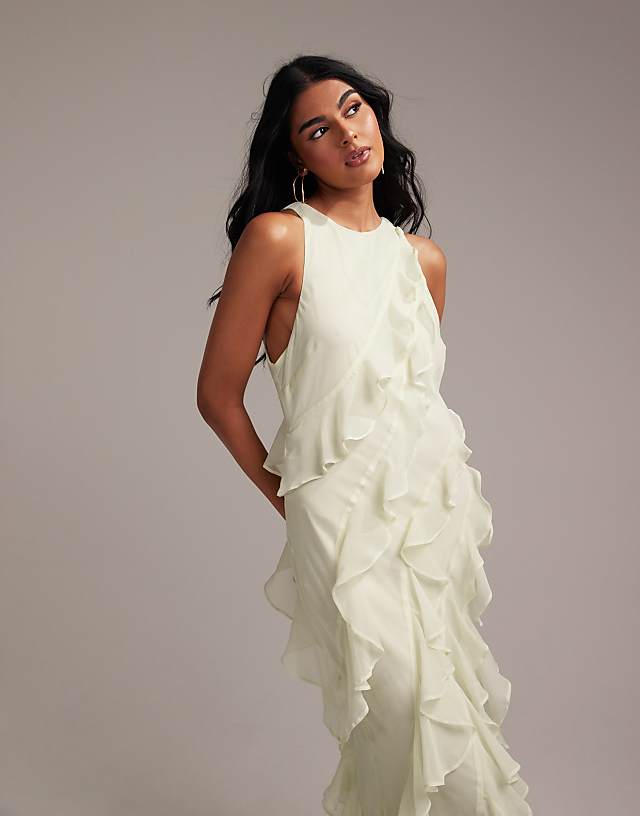 ASOS DESIGN Bridesmaids racer neck bias ruffle maxi dress in light green