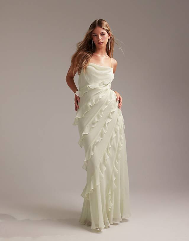 ASOS DESIGN Bridesmaids ruffle cami bias maxi dress in light green