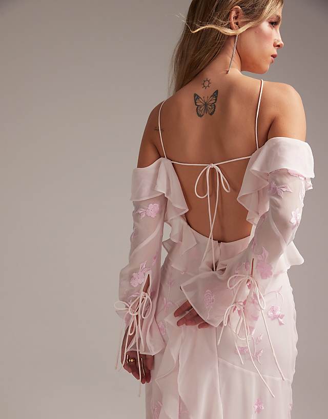 ASOS DESIGN Bridesmaids Ruffle Cold Shoulder Maxi Dress In Soft Pink