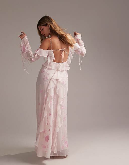ASOS DESIGN Bridesmaids Ruffle Cold Shoulder Maxi Dress In Soft Pink