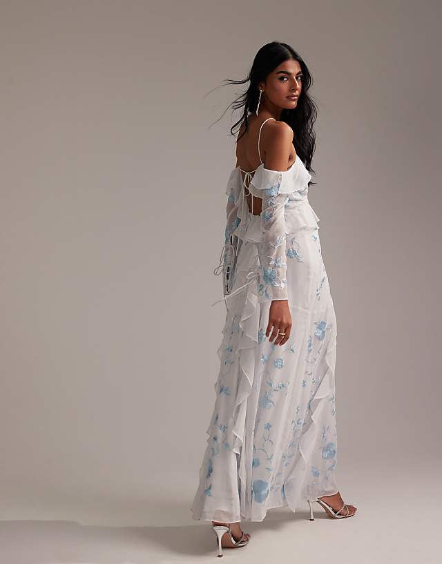 ASOS DESIGN Bridesmaids Ruffle Cold Shoulder Maxi Dress In Light Blue