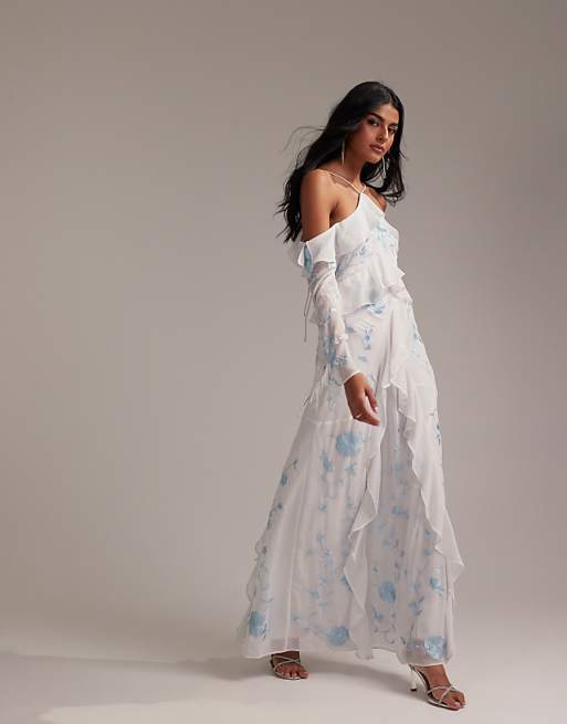 ASOS DESIGN Bridesmaids Ruffle Cold Shoulder Maxi Dress In Light Blue