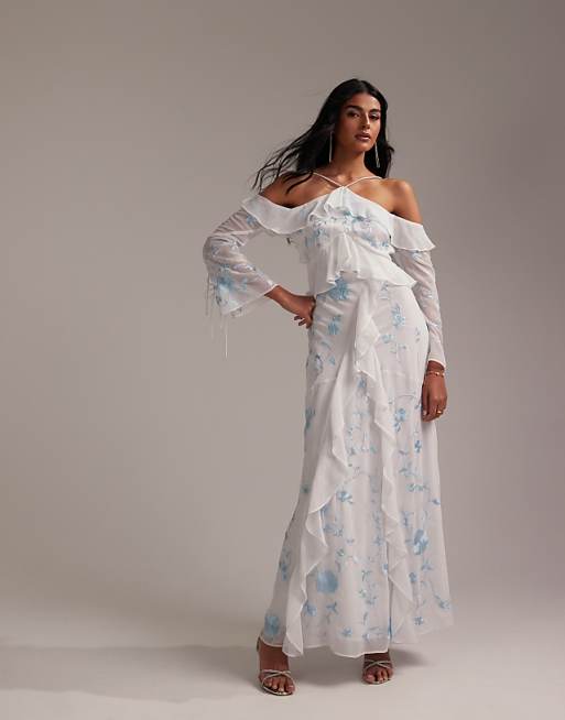 ASOS DESIGN Bridesmaids ruffle cold shoulder maxi dress in light blue