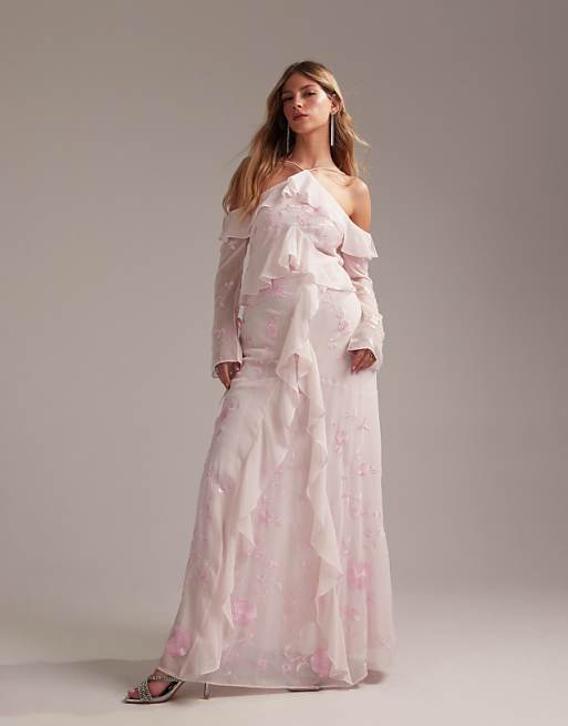 ASOS DESIGN Bridesmaids Ruffle Cold Shoulder Maxi Dress In Soft Pink