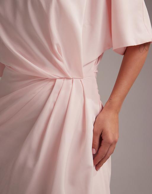 ASOS DESIGN Bridesmaids Slash Neck Crepe T-shirt Sleeve Minimal Drape Maxi Dress In Soft Pink