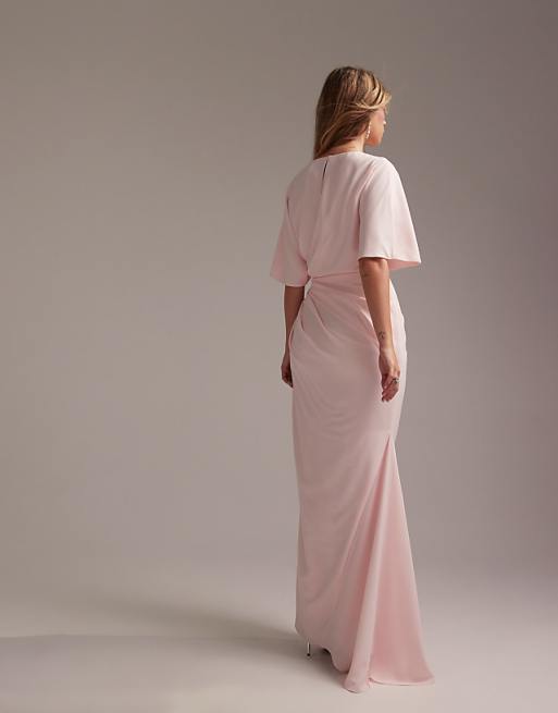ASOS DESIGN Bridesmaids Slash Neck Crepe T-shirt Sleeve Minimal Drape Maxi Dress In Soft Pink