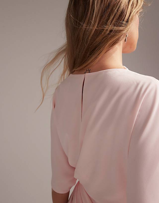 ASOS DESIGN Bridesmaids Slash Neck Crepe T-shirt Sleeve Minimal Drape Maxi Dress In Soft Pink