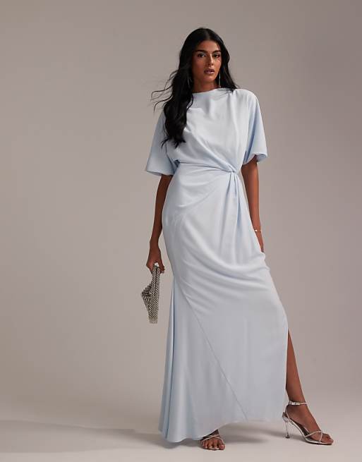 ASOS DESIGN Bridesmaids slash neck crepe t-shirt sleeve minimal drape maxi dress in light blue