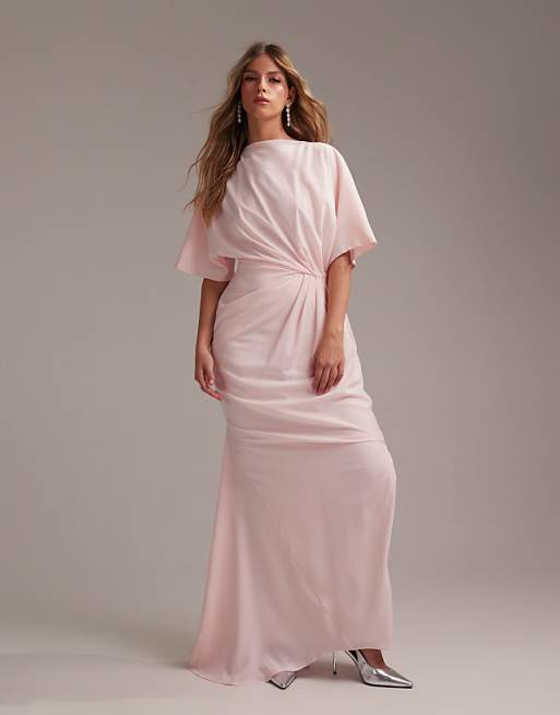 ASOS DESIGN Bridesmaids slash neck crepe t-shirt sleeve minimal drape maxi dress in soft pink