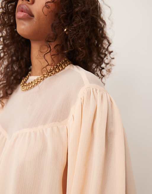 ASOS DESIGN Bubble Hem Top With Sheer Yoke Detail In Peach