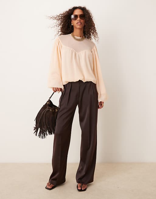 ASOS DESIGN Bubble Hem Top With Sheer Yoke Detail In Peach