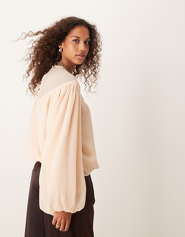 ASOS DESIGN Bubble Hem Top With Sheer Yoke Detail In Peach