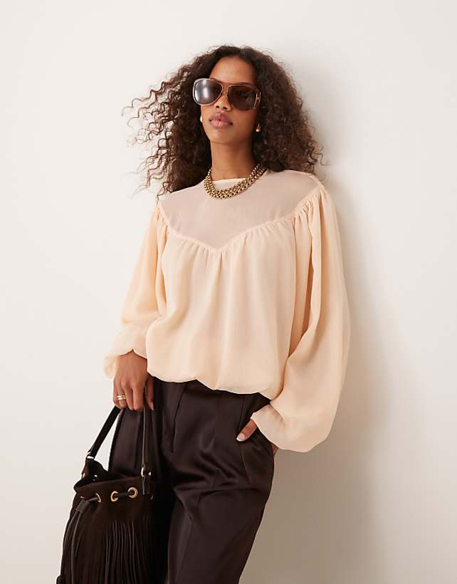 ASOS DESIGN Bubble Hem Top With Sheer Yoke Detail In Peach