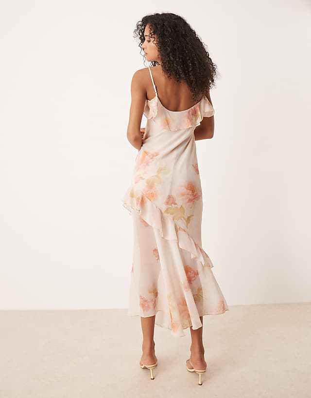 ASOS DESIGN Chiffon Ruffle Asym Hem Maxi Dress In Vintage Floral
